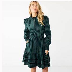 Draper James RVSP Long Sleeve Tiered Green Black Plaid Gingham Dress Sz XL
